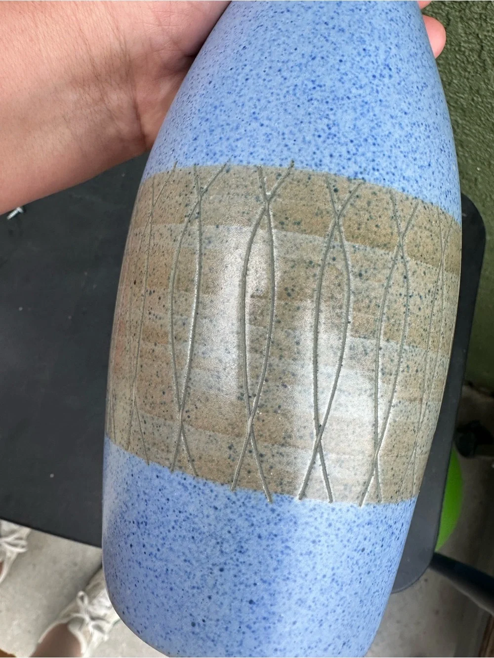 Vintage signed Tall Blue Ceramic Vase with Textured Beige Band